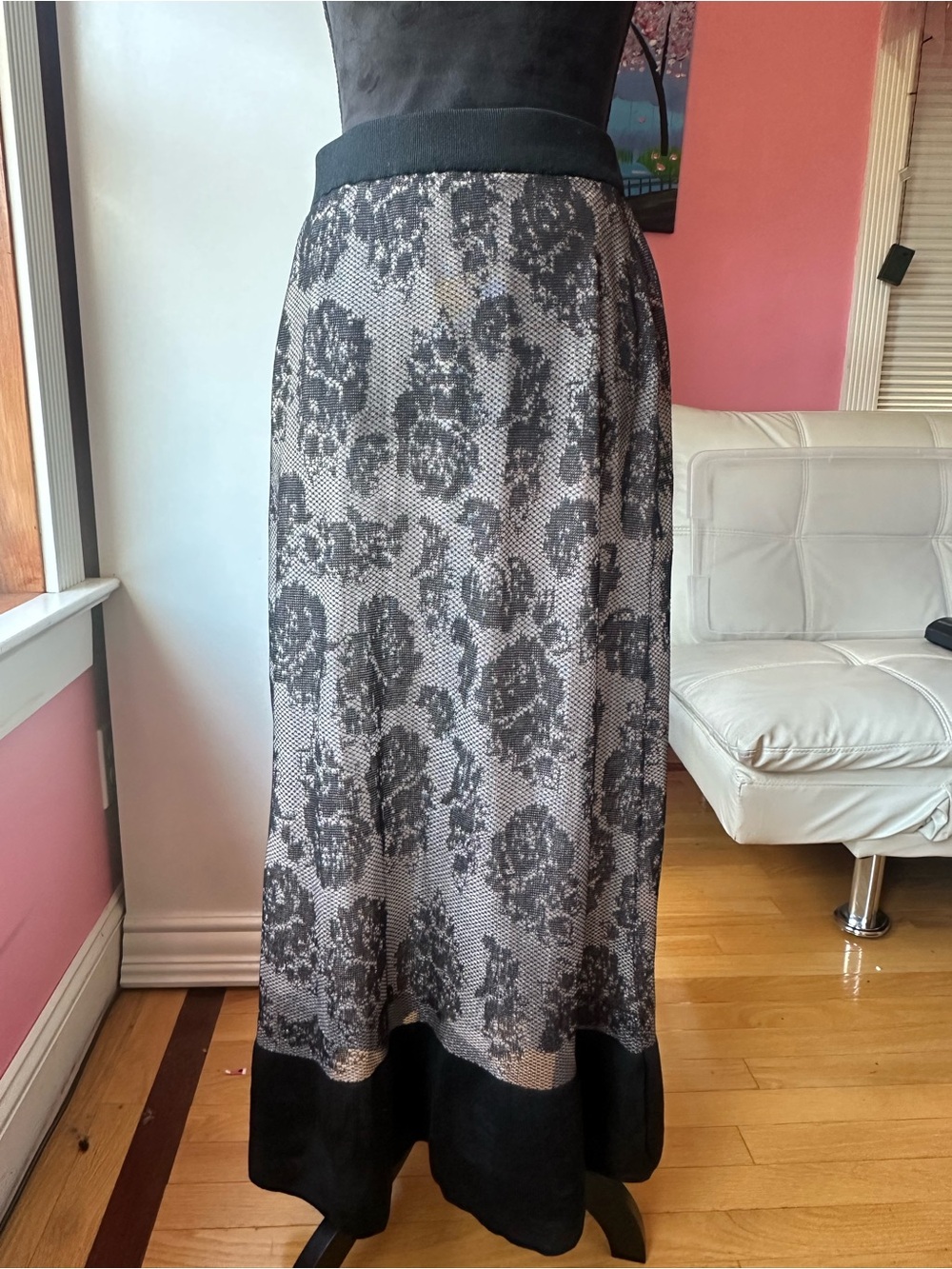 NWT Distressed NYC Lexy Lace Floral Maxi Skirt Black Floral XS–XL